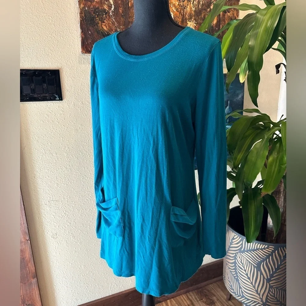 EUC LOGO By Lori Goldstein Teal Longline Chiffon Pocket Tunic Top SZ M